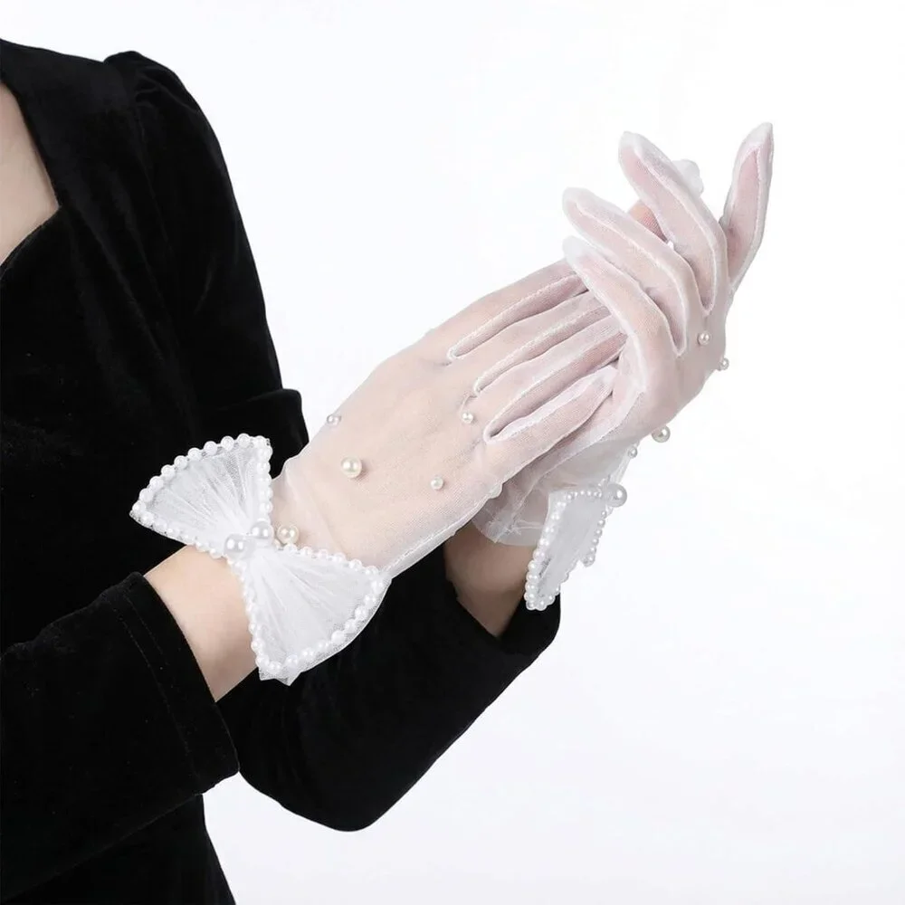 Women's Tulle Mesh Short Pearl Bow White Gloves Wedding Party Tea Accessories